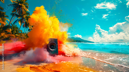 Speaker on beach covered in yellow and red colored powder, with blue sky in the background. photo