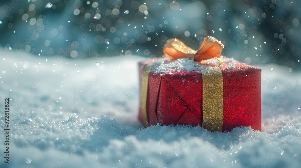A red-covered Christmas present with a gold ribbon lies outdoors in the snow. A red-covered Christmas present with a gold ribbon lies outdoors in the snow.