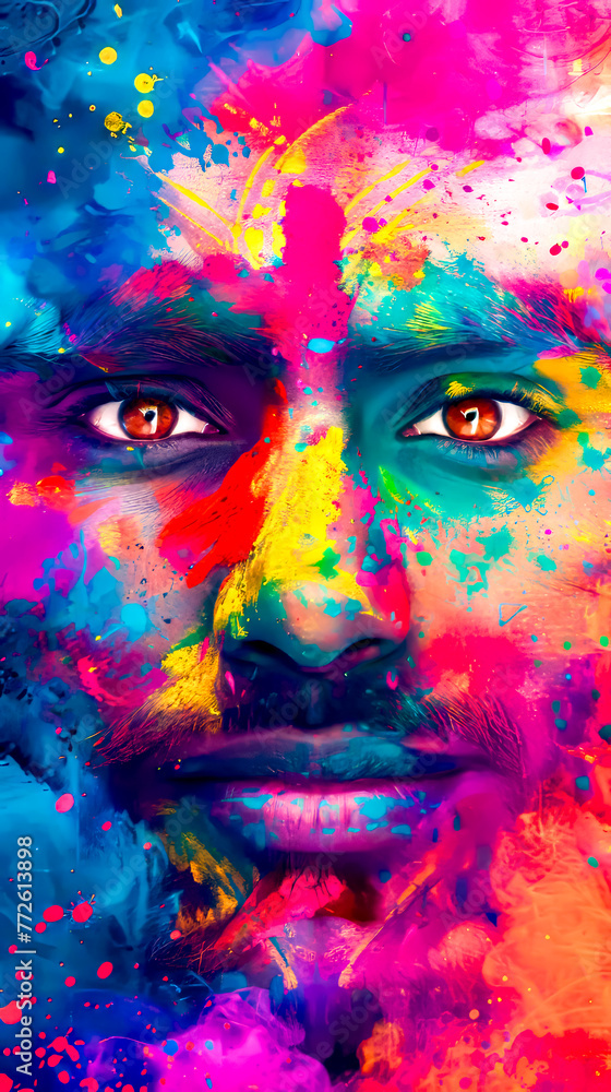 Close up of man's face with colorful paint all over it.