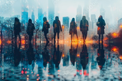 Modern city skyline with abstract human figures