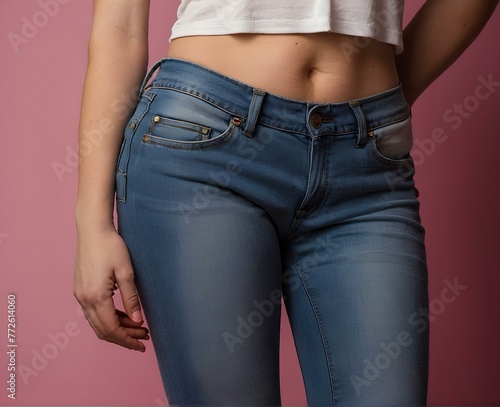 Slim woman in fitted jeans, close-up shot against pink. photo