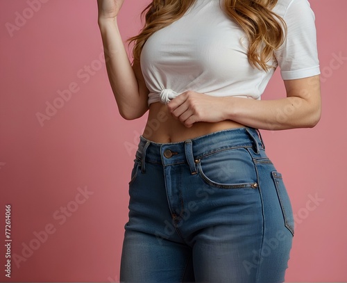 Fashionable female in fitted denim, close-up on vibrant pink.