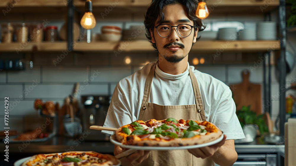 male asian chef holding a plate of pizza