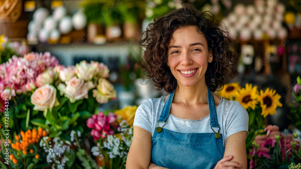 Woman standing in front of bunch of flowers with her arms crossed. Woman standing in front of bunch of flowers with her arms crossed.
