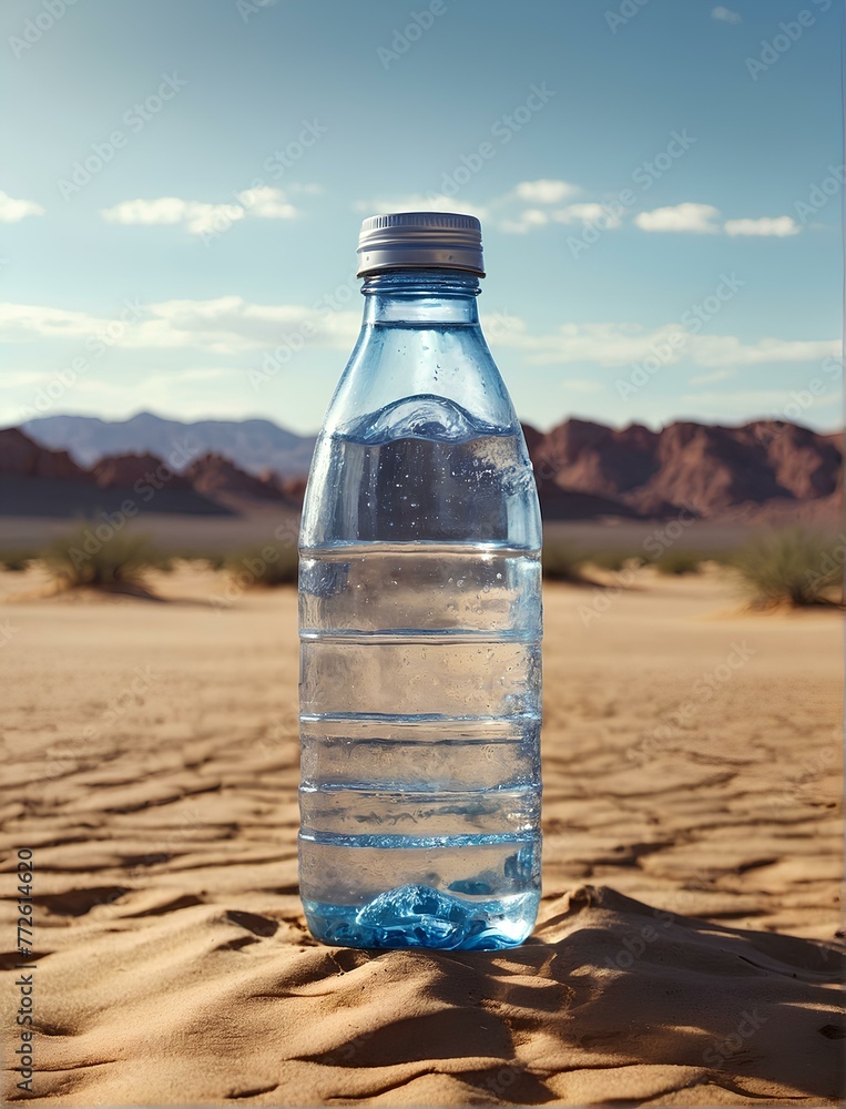 Pragmatic oasis: water bottle amidst vast desert panorama. Pragmatic oasis: water bottle amidst vast desert panorama.