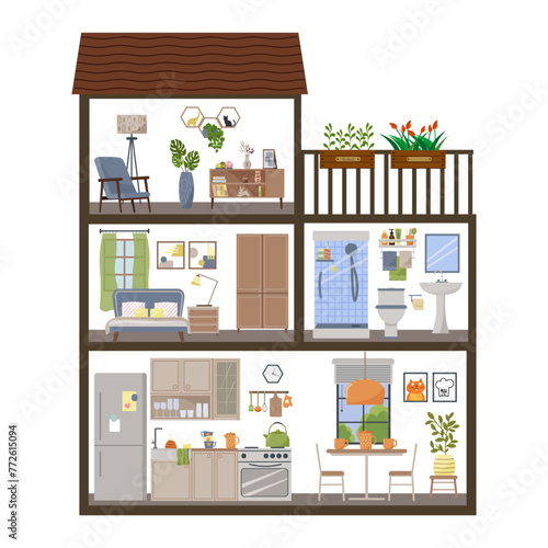Sectional home interior concept. Cross-section of a doll's house. Furnished rooms. Lounge room with armchair. Bedroom and kitchen. Bathroom with shower. Balcony with plants. Vector flat illustration.