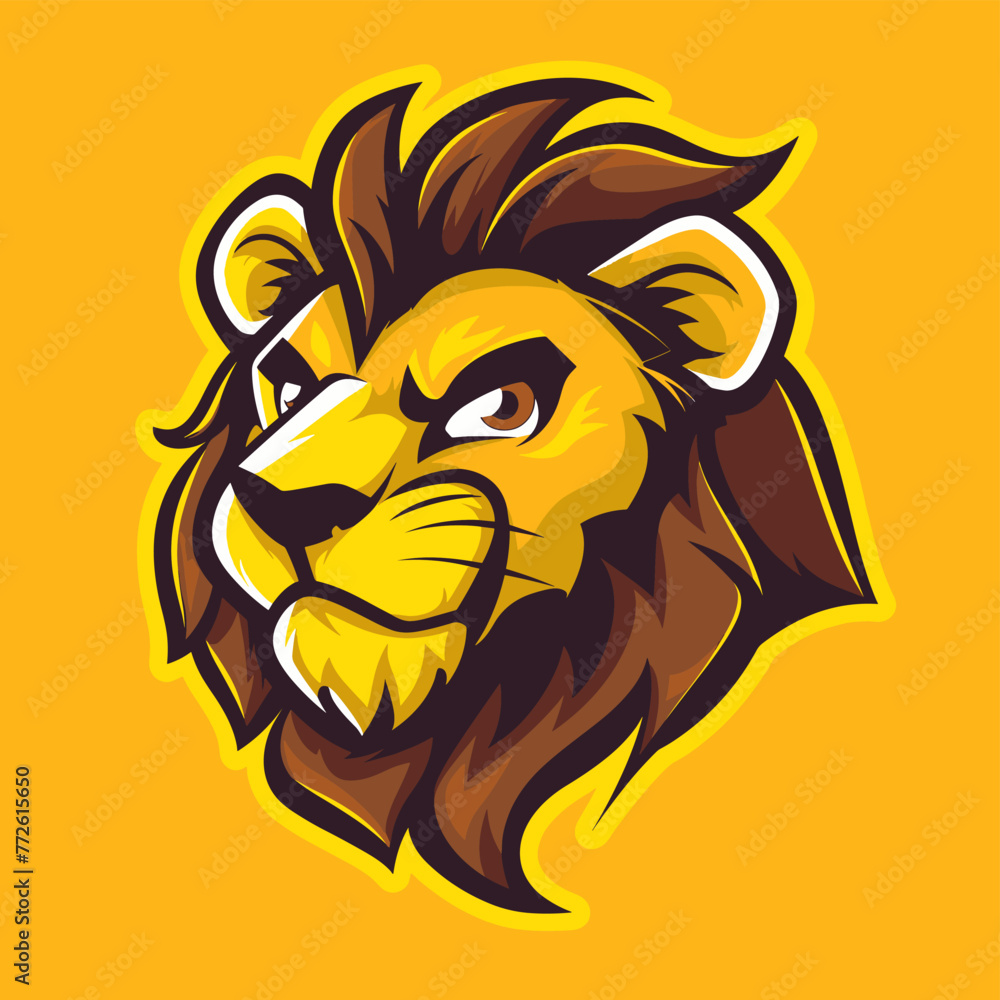 Obraz premium Vector esports logotype cute cartoon lion on yellow background, logo cute lion, icon cute lion, sticker cute lion, symbol cute lion, emblem cute lion