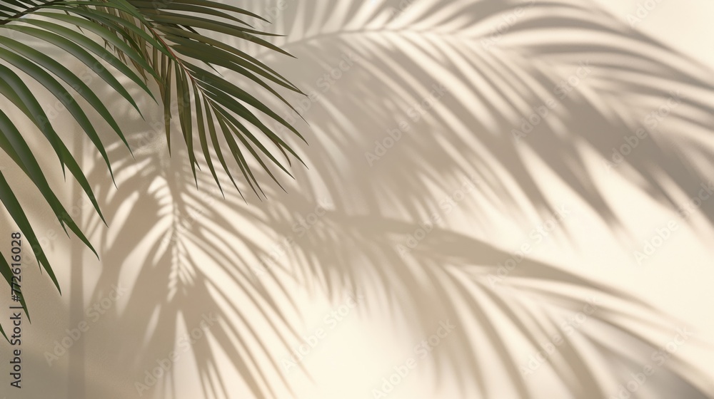 Fototapeta premium Palm tree shadow on a beige wall with copy space for advertising
