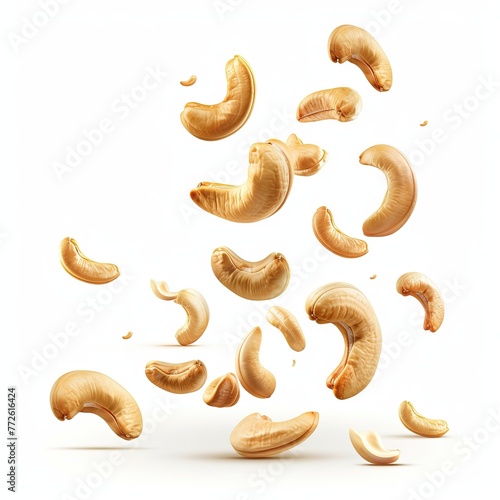 Falling cashew nuts isolated on white background