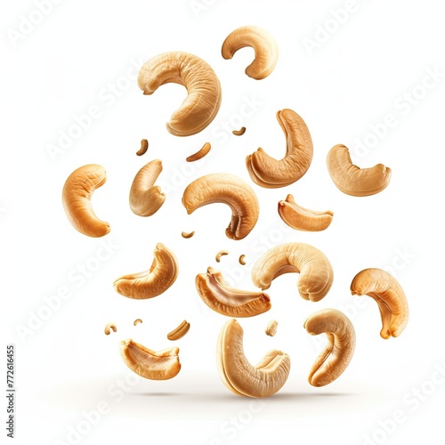 Falling cashew nuts isolated on white background
