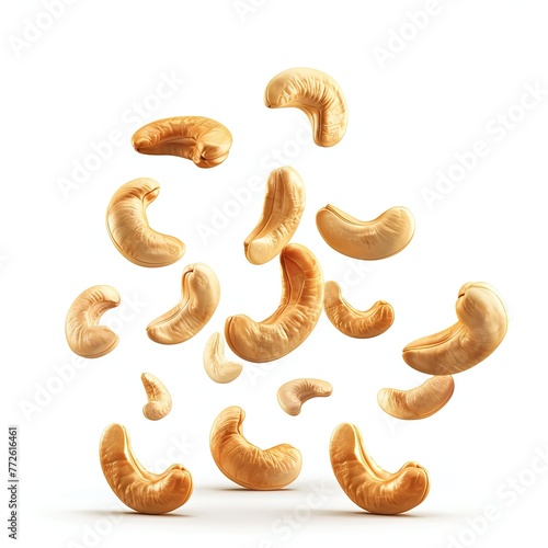 Falling cashew nuts isolated on white background