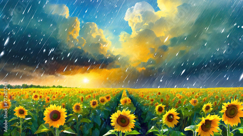 雨の降るひまわり畑のイラスト photo