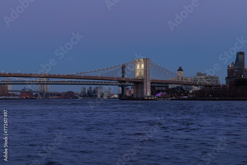 Brooklyn Bridge illuminated at dusk