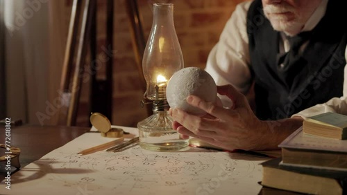 Victorian astronomer looks at a model of the moon photo