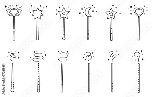 Magic wands doodle set. Fairytale element in sketch style. Hand drawn vector illustration isolated on white background