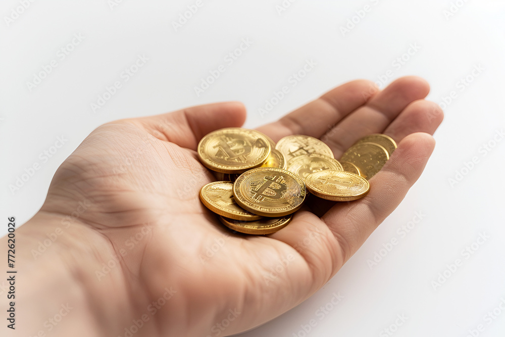 Gold Bitcoin coins are lying on the palms of your hands on a white background Gold Bitcoin coins are lying on the palms of your hands on a white background