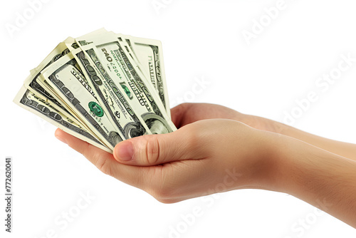 A pack of dollar bills in his hand on a white background