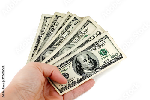 A pack of dollar bills in his hand on a white background