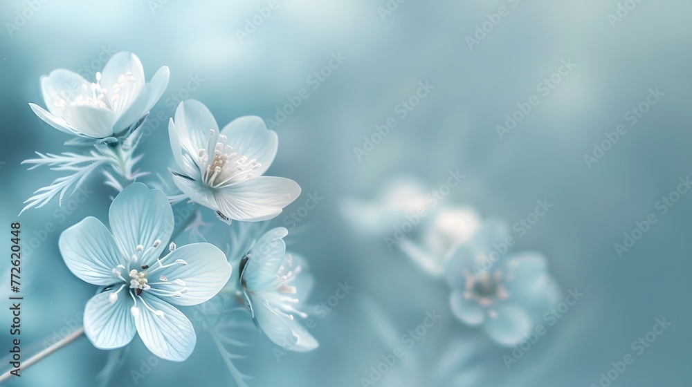 Spring blooming forest flowers in soft focus on light blue background outdoor close-up macro. Spring template floral background wallpaper. Elegant gentle air delicate artistic image.