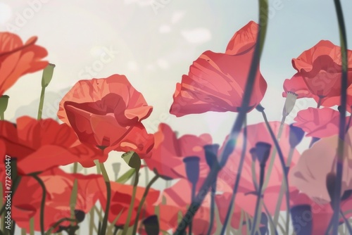 memorial day close up background, illustration, Gentle Morning among poppies, fitting for peaceful meditation and yoga studio artwork, background for memorial day  © Anna