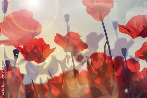 memorial day close up background, illustration, Whimsical poppy meadow, excellent for creating a tranquil environment in healthcare settings, Memorial day, 