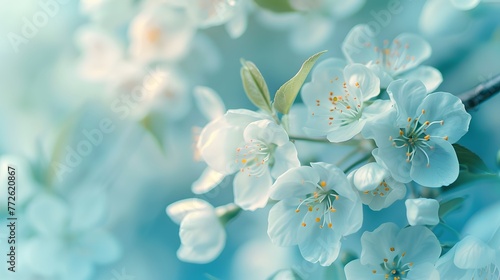 Spring blooming forest flowers in soft focus on light blue background outdoor close-up macro. Spring template floral background wallpaper. Elegant gentle air delicate artistic image.