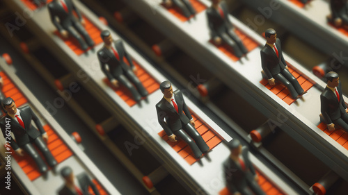 A minimalist conceptual image depicting identical figures in suits sitting emotionlessly on a conveyor belt, symbolizing uniformity and the mechanization of the workforce