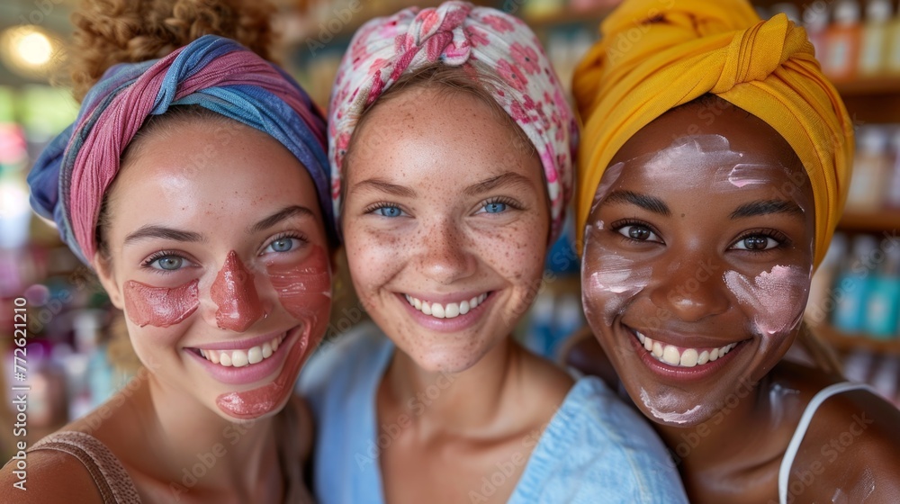 Fototapeta premium In the realm of beauty and cosmetics, a youthful woman radiates joy with a bright smile as she applies skincare cream onto her face, accentuating her natural charm.