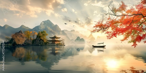 Peaceful landscape, lake, pagoda, colorful autumn, sunset.
