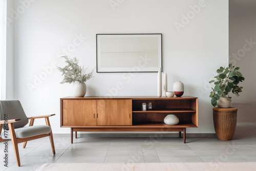 Midcentury modern living room interior with retro furniture plants and artwork © HecoPhoto