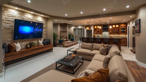 Sophisticated Home Entertainment: Elevating Modern Living Room Interiors with Elegant Spaces and Upscale Decor for Luxurious Entertainment Experiences.