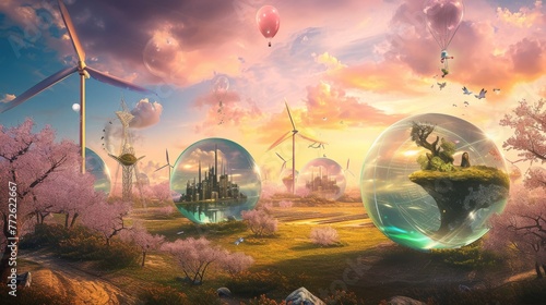 Sustainable Visionaries: Creating an Eco-Futurism Utopia through Renewable Energy Dreamscapes and Sustainable Living Environments, Leading Green Innovation to Harmonize with Nature. © Mark