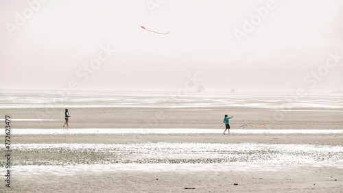 Kites and people walking on the white sandy sea beach.Flying kites on the seashore.Sea recreation and vacation.People fly a kite on the seashore on a cloudy day.Frisian Islands.Fer Island.Germany.