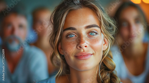 Portrait of smiling businesswoman looking at camera during meeting in office