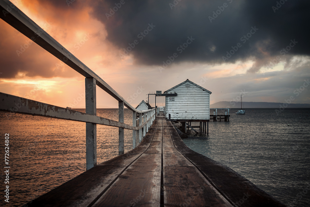 Fototapeta premium The view of lone jetty in Millionaire's Walk in Sorrento in Melbourne at dawn