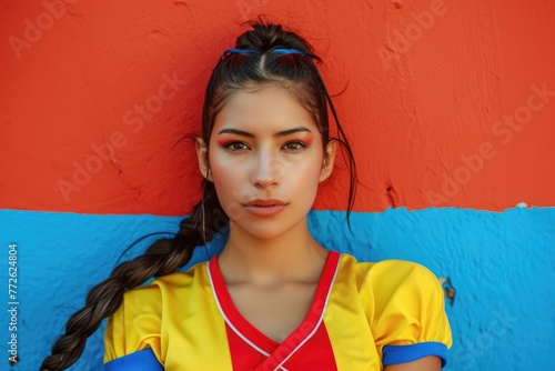 Dynamic Colombian Spirit: Model Showcases Athletic Prowess Against Vibrant Flag-Colored Wall in Outdoor Photoshoot.