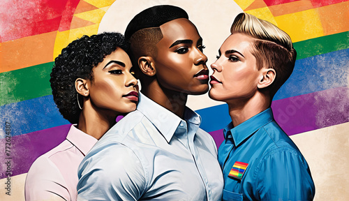 A colorful illustration with three people representing the diversity of the lgbtqia+ community in terms of gender, race, age, gender identity.