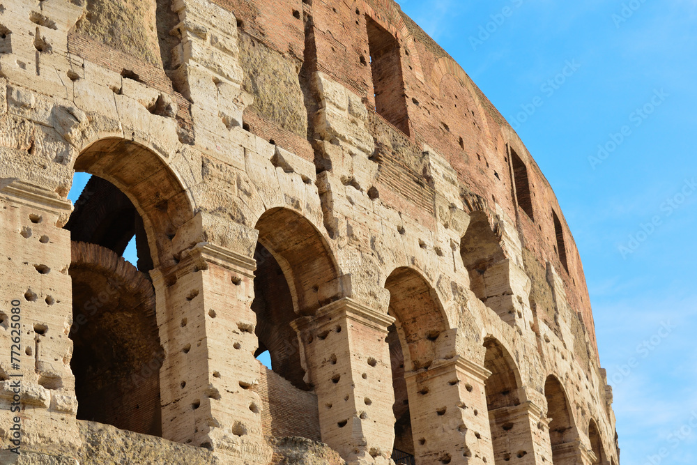 View of a part of the roman Colosseum. Detail on the architecture of the Flavian Amphitheatre.