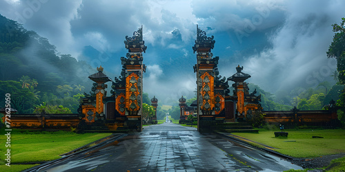 Traditional Balinese Hindu gate at rainy summer day with clouds - Candi Bentar, Bedugul in Bali, Indonesia. generative ai  photo