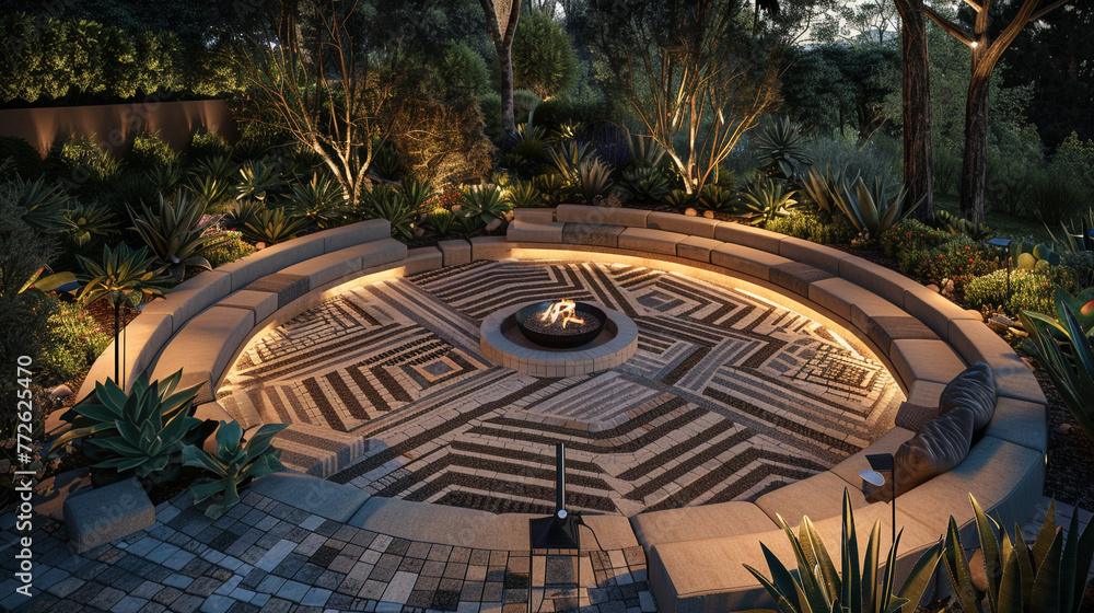A backyard sanctuary with a geometric patterned brick patio, centered around a circular seating area with a built-in fire bowl.
