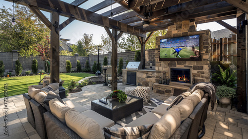 A backyard retreat with a covered patio area that includes a cozy, outdoor living room setup complete with a weatherproof sofa set, a wall-mounted outdoor television,  photo