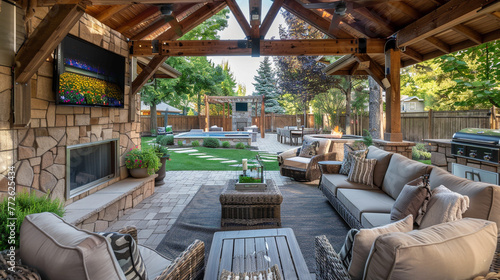 A backyard retreat with a covered patio area that includes a cozy, outdoor living room setup complete with a weatherproof sofa set, a wall-mounted outdoor television,  photo
