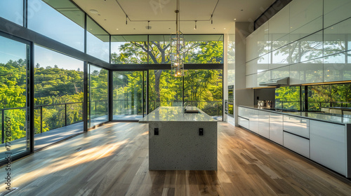 A breathtaking modern kitchen with floor-to-ceiling glass walls offering panoramic views of the surrounding nature, complemented by sleek white cabinetry  photo