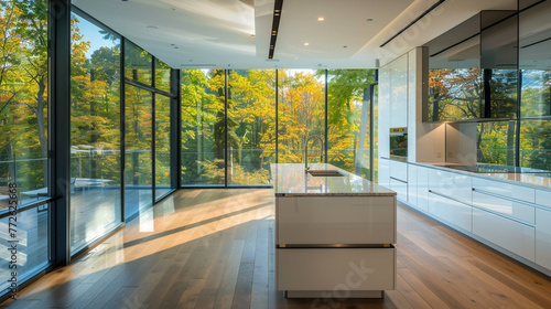 A breathtaking modern kitchen with floor-to-ceiling glass walls offering panoramic views of the surrounding nature, complemented by sleek white cabinetry  photo