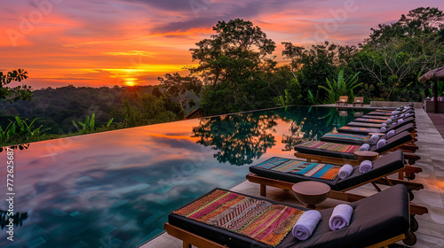 A breathtaking view of a luxury pool villa at sunset, with the pool's surface mirroring the vibrant colors of the sky. Elegant sunbeds, each featuring a unique beach towel, line the pool, photo