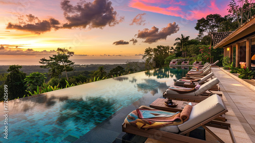 A breathtaking view of a luxury pool villa at sunset, with the pool's surface mirroring the vibrant colors of the sky. Elegant sunbeds, each featuring a unique beach towel, line the pool,  © baseer