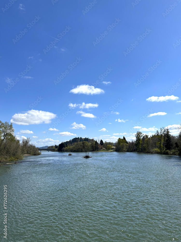 The Willamette River in Eugene, Oregon, on a spring day with blue sky and puffy white clouds.