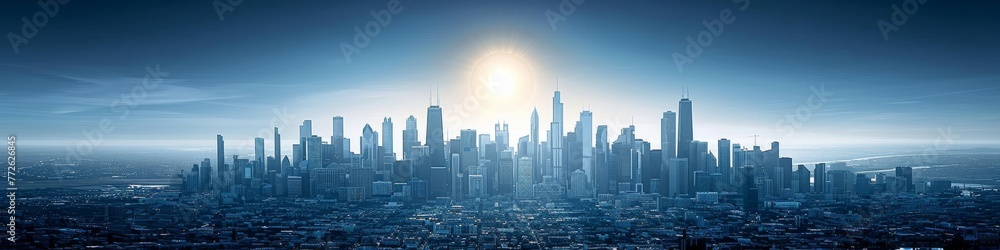 Sunlight Bursting Over a Panoramic Urban Skyline, A New Dawn Rising Over a Modern Cityscape