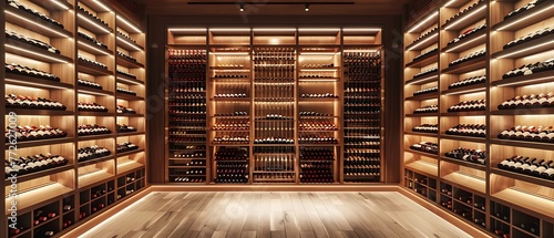 Rows of wine bottles in a cellar photo