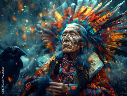 An old Indian shaman looking for deep insights. The totem animal black raven helps as a guide in the journey of the soul 